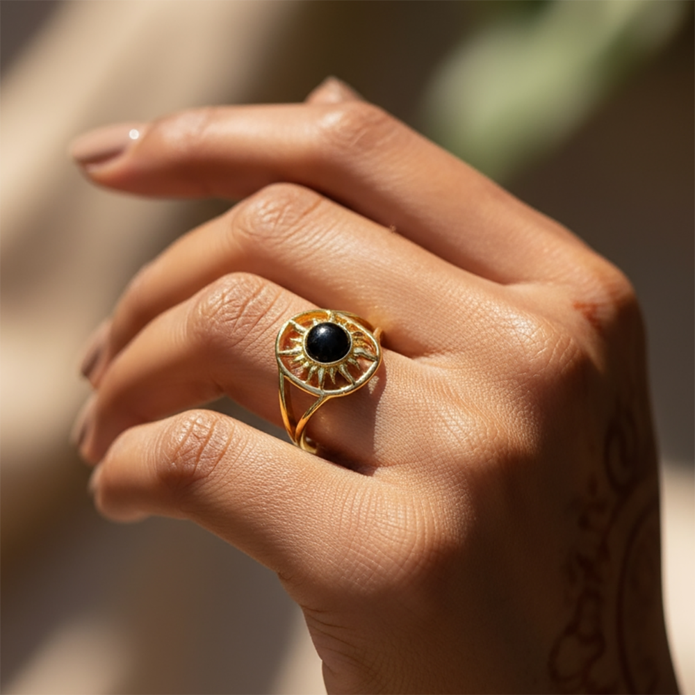 Black Onyx & Gold Solar Power Ring