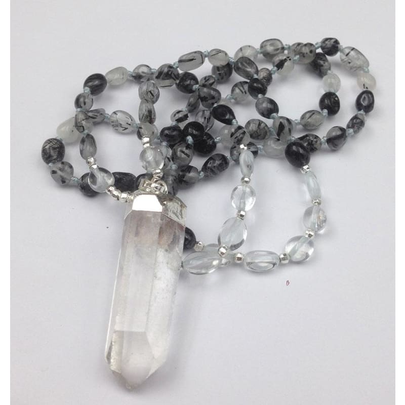 Black Rutilated Quartz Mala Bead Necklace With Clear Quartz Pendant