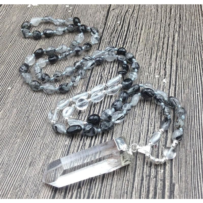 Black Rutilated Quartz Mala Bead Necklace With Clear Quartz Pendant