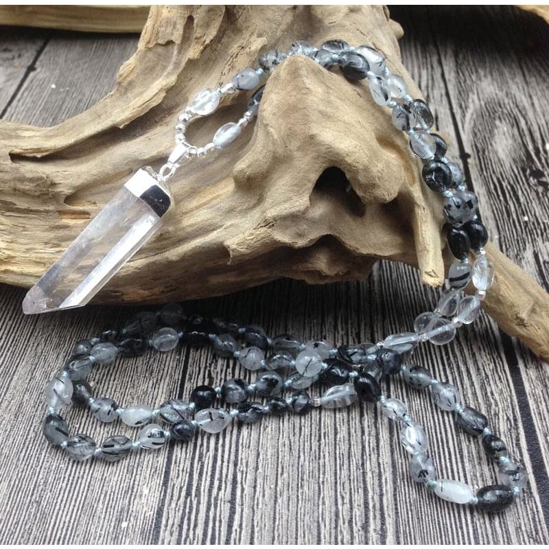 Black Rutilated Quartz Mala Bead Necklace With Clear Quartz Pendant