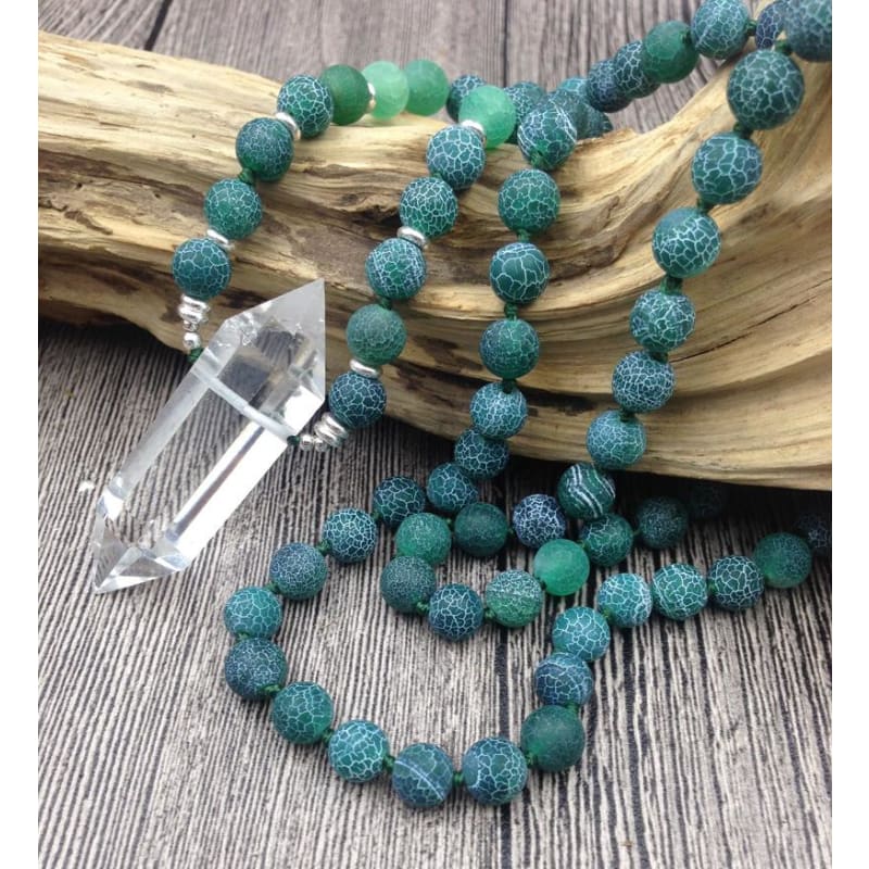 Clear Quartz Double Point Green Dragon Agate Stone Mala Pendant Necklace