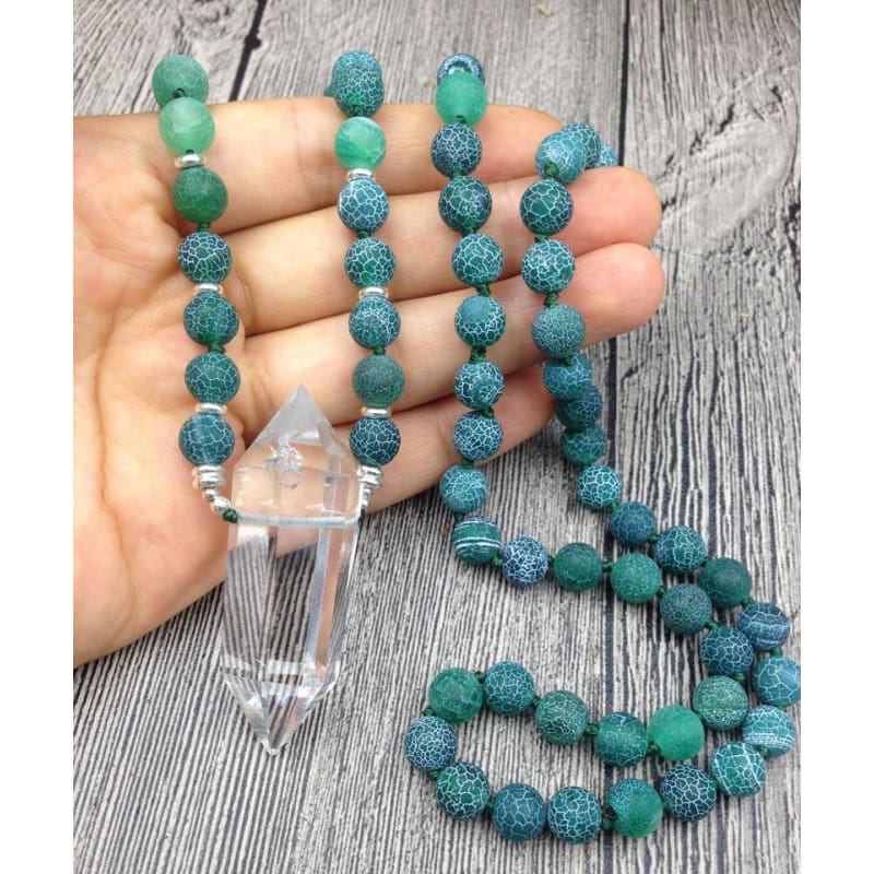 Clear Quartz Double Point Green Dragon Agate Stone Mala Pendant Necklace