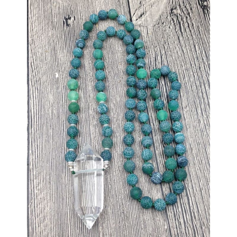 Clear Quartz Double Point Green Dragon Agate Stone Mala Pendant Necklace