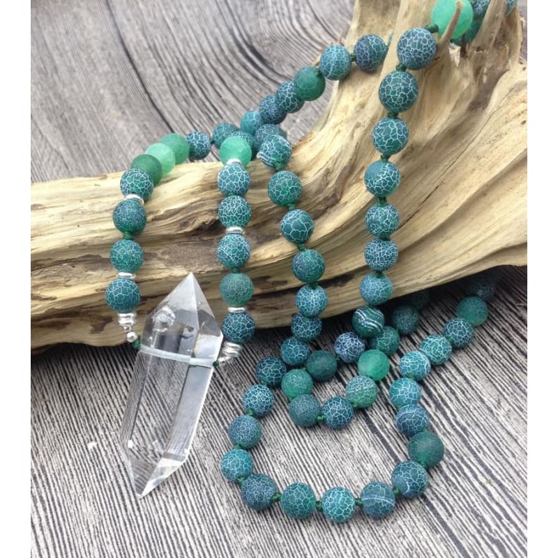 Clear Quartz Double Point Green Dragon Agate Stone Mala Pendant Necklace