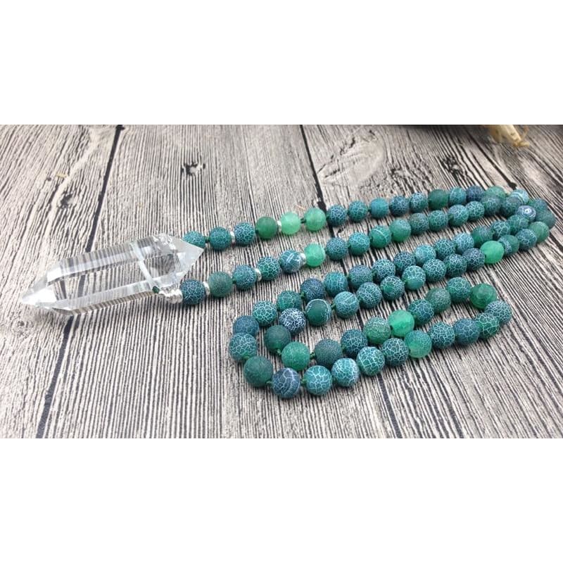 Clear Quartz Double Point Green Dragon Agate Stone Mala Pendant Necklace