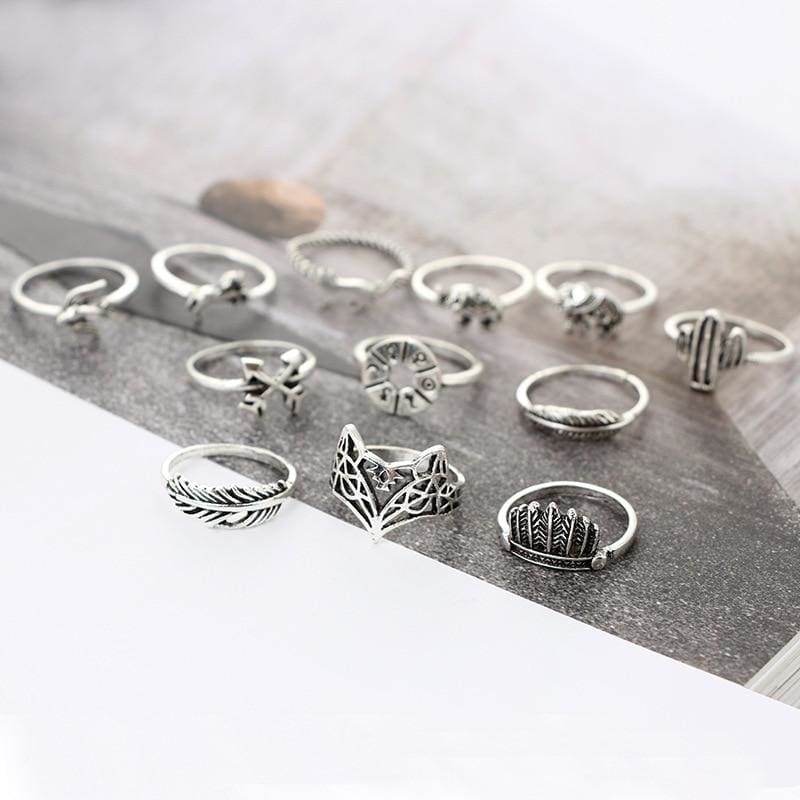 (Clearance) 12 Piece Set Bohemia Antique Silver Rings