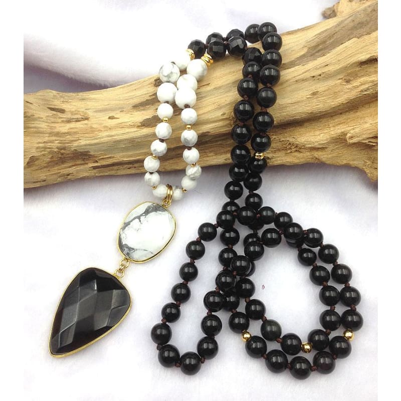 Howlite And Obsidian Mala Bead Necklace
