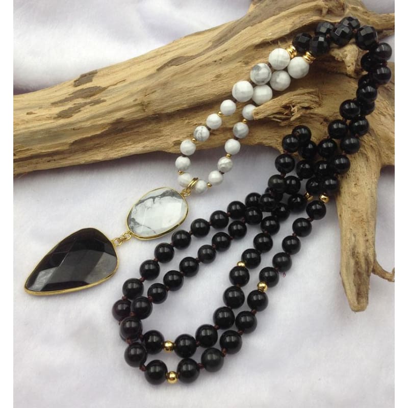 Howlite And Obsidian Mala Bead Necklace