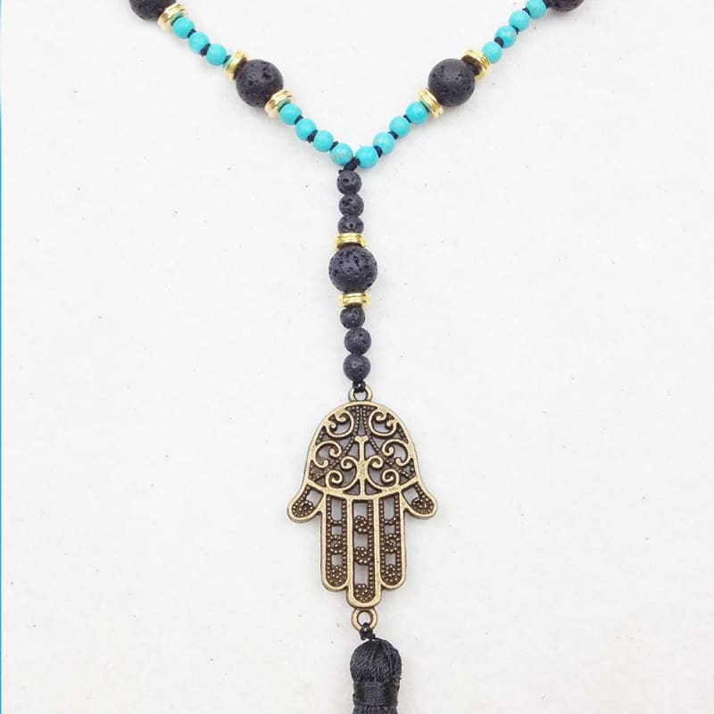 Lava Stone & Turquoise Mala Bead Necklace With Hansa & Tassle