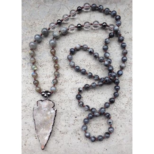Mala Bead Necklace With Clear Quartz Arrow Pendant - Jy18