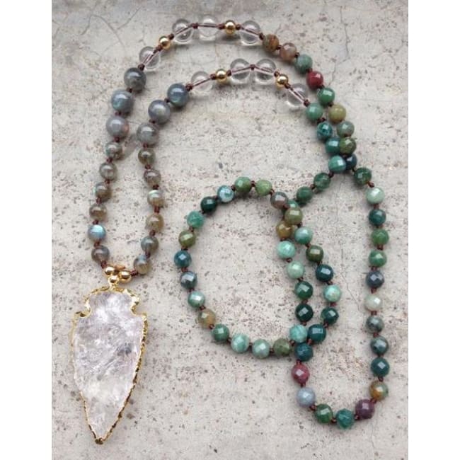 Mala Bead Necklace With Clear Quartz Arrow Pendant - Jy20