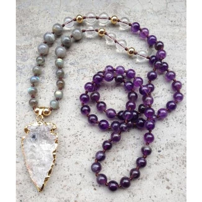 Mala Bead Necklace With Clear Quartz Arrow Pendant - Jy23