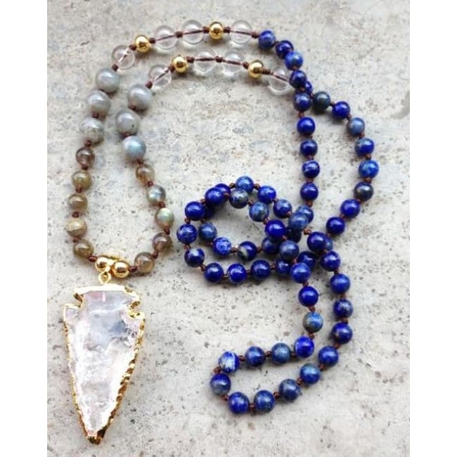 Mala Bead Necklace With Clear Quartz Arrow Pendant - Jy33