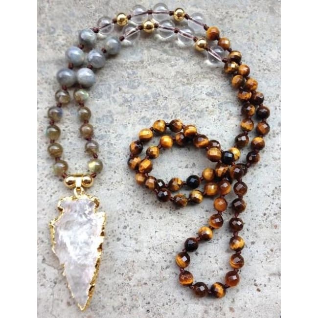 Mala Bead Necklace With Clear Quartz Arrow Pendant - Jy34