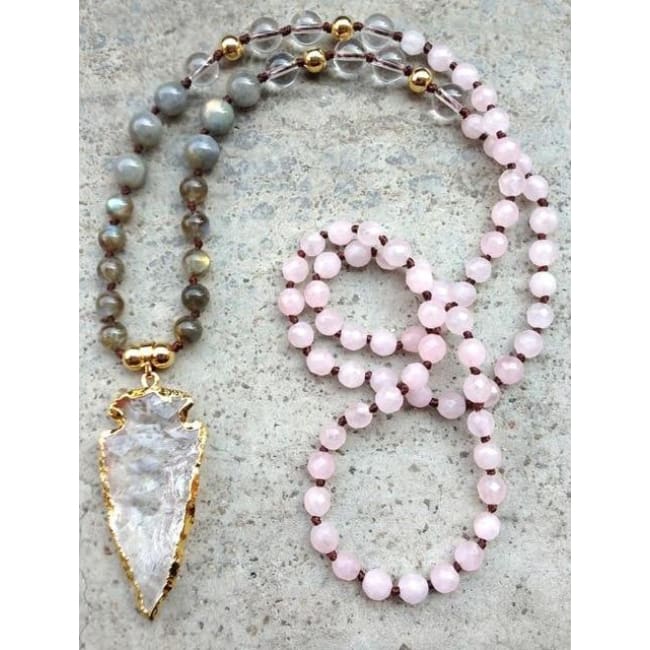 Mala Bead Necklace With Clear Quartz Arrow Pendant - Jy35