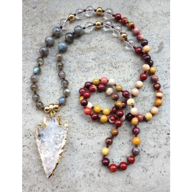 Mala Bead Necklace With Clear Quartz Arrow Pendant - Jy36