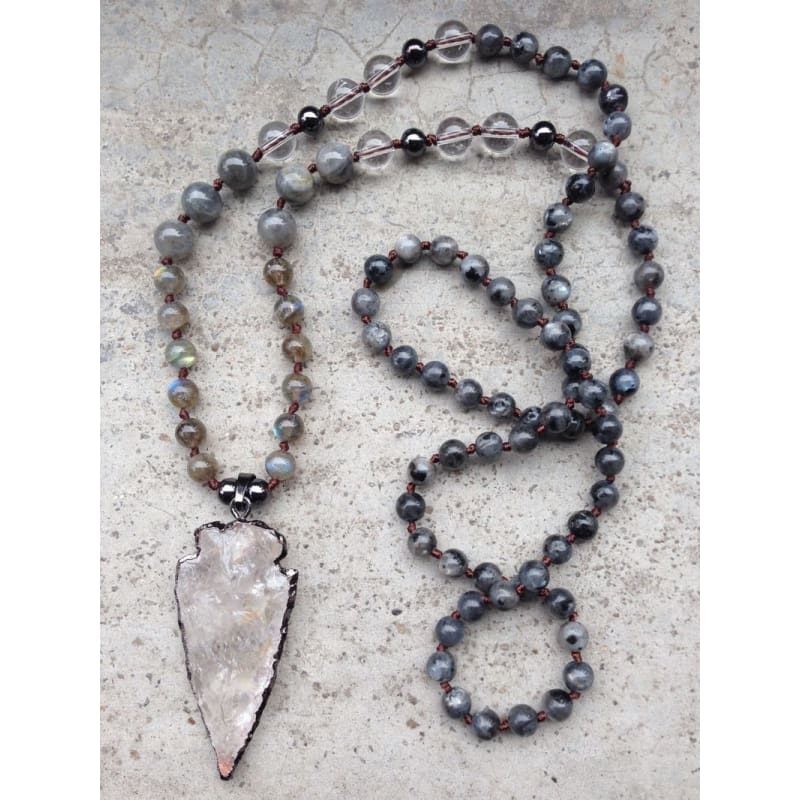 Mala Bead Necklace With Clear Quartz Arrow Pendant