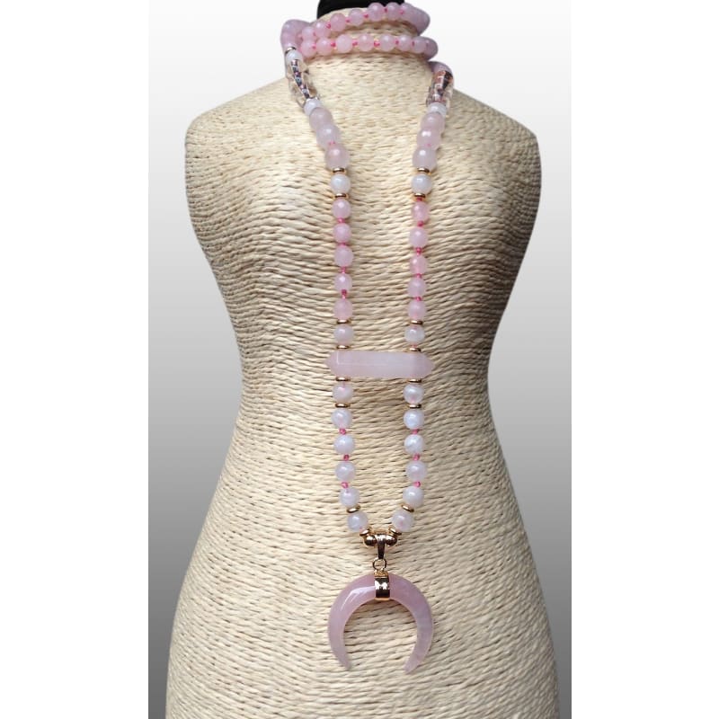 Pink Rose Quartz Moon Mala Pendant Necklace