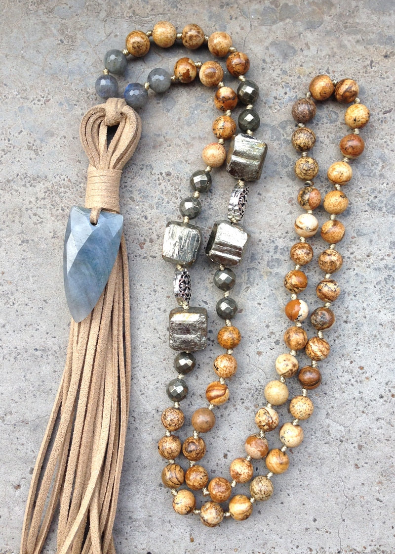 Picture Jasper, Hematite and Labradorite Mala with Arrowhead and Leather Tassel