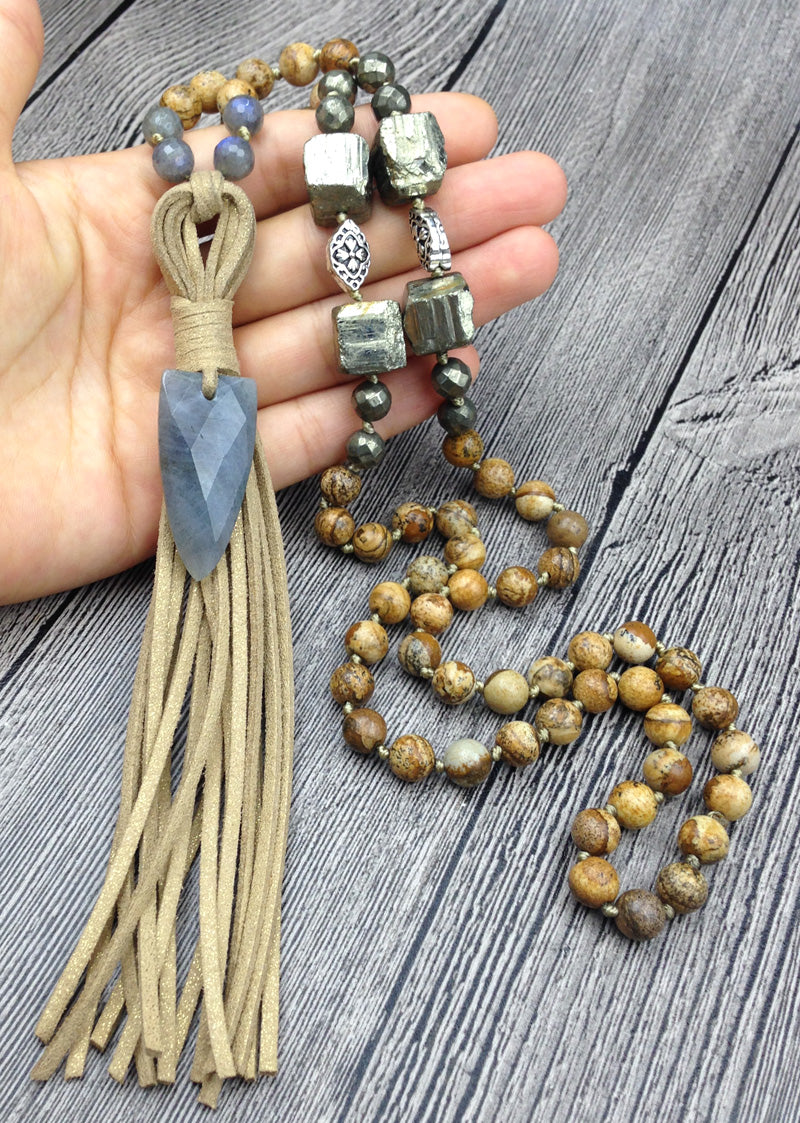 Picture Jasper, Hematite and Labradorite Mala with Arrowhead and Leather Tassel