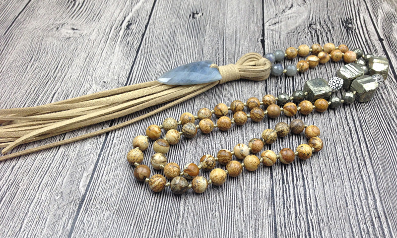 Picture Jasper, Hematite and Labradorite Mala with Arrowhead and Leather Tassel