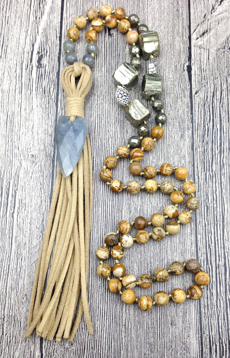 Picture Jasper, Hematite and Labradorite Mala with Arrowhead and Leather Tassel