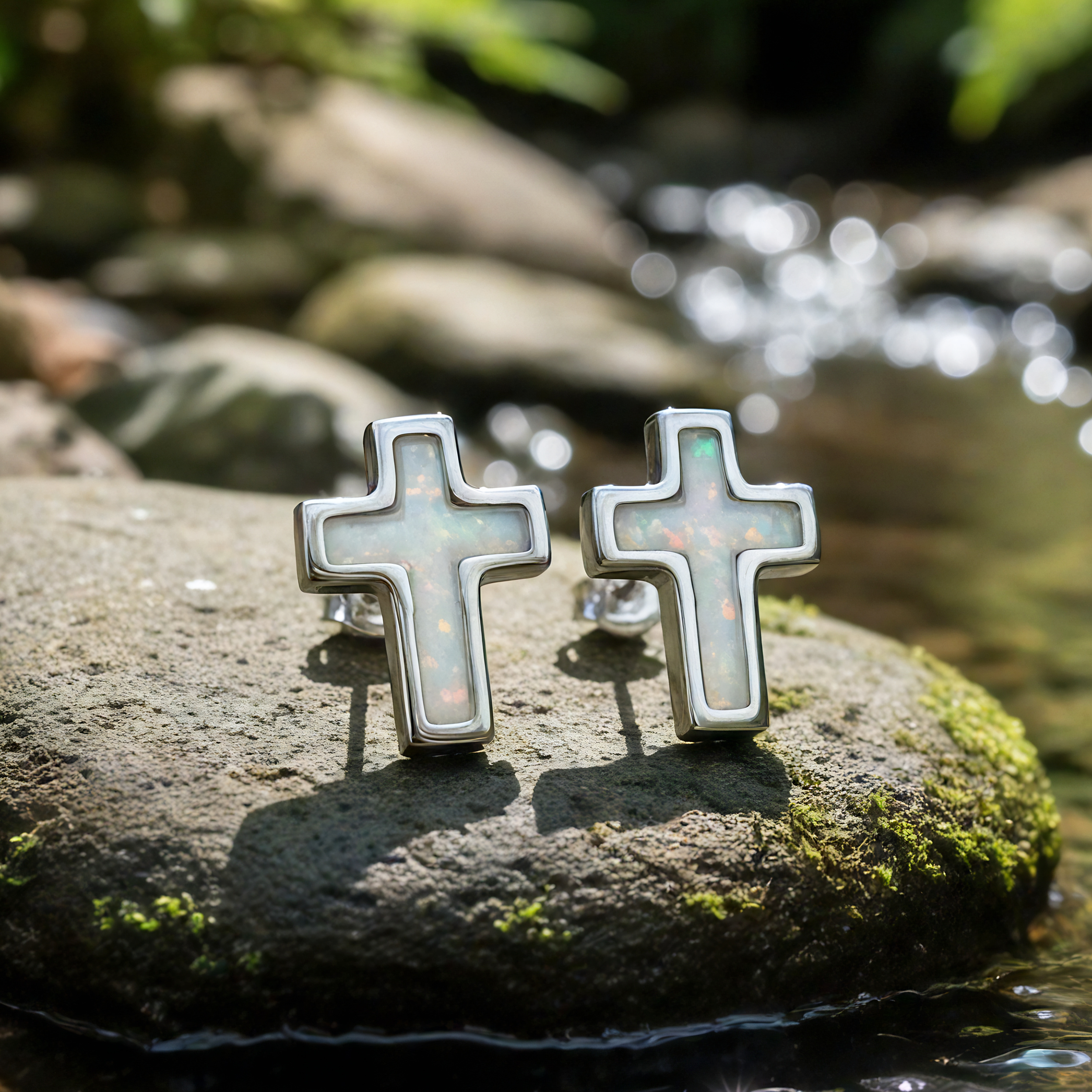 Opal & Silver Tiny Cross Stud Earrings