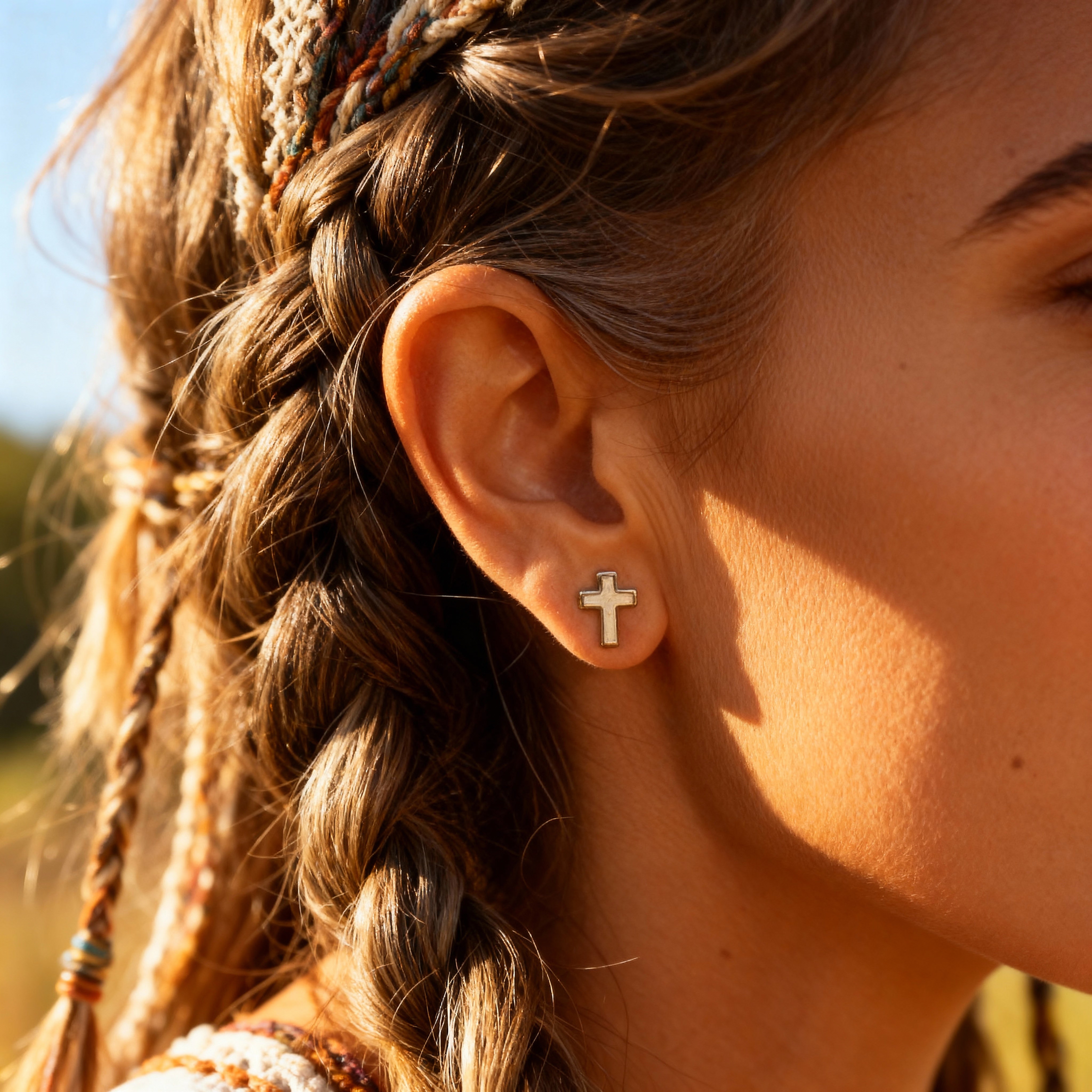 Opal & Silver Tiny Cross Stud Earrings