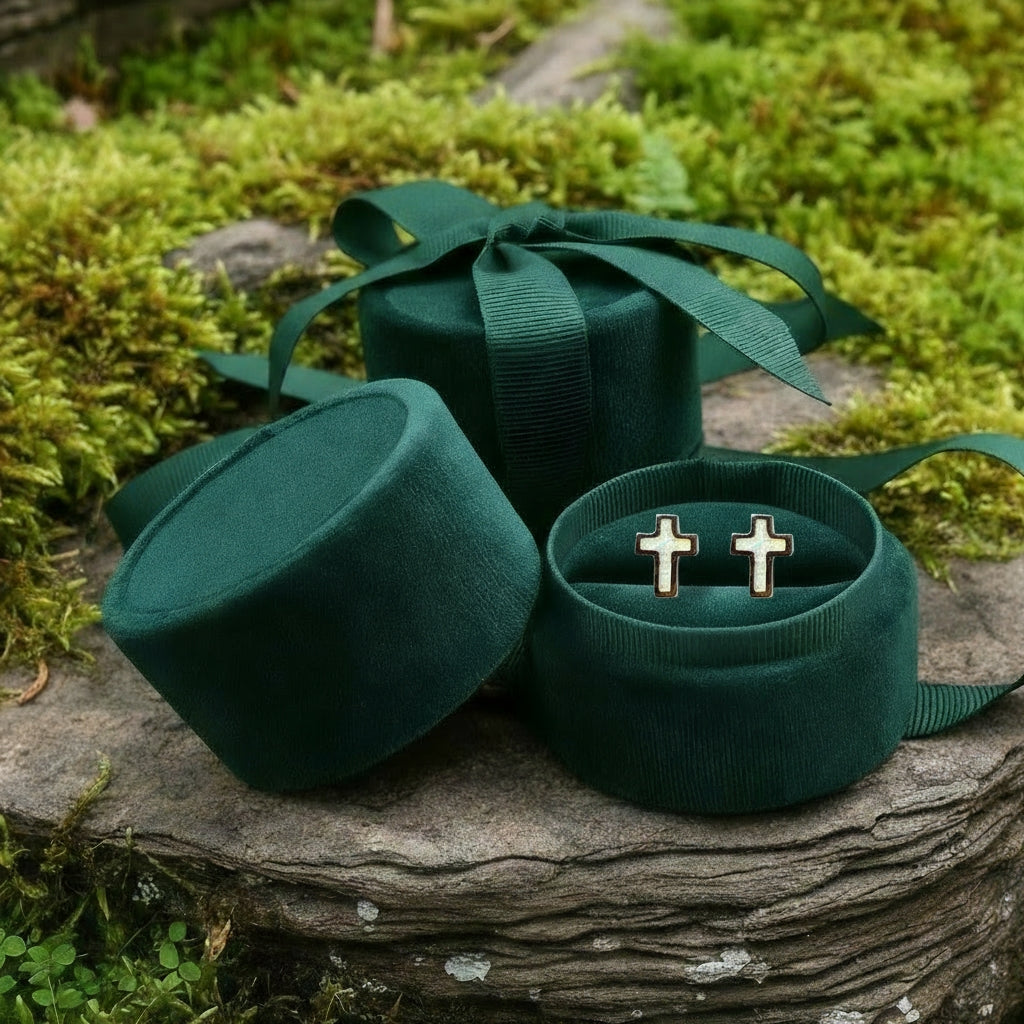 Opal & Silver Tiny Cross Stud Earrings