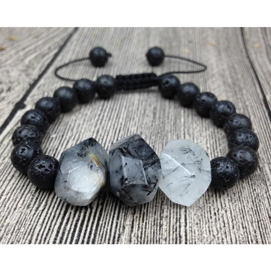 Black Tourmaline Quartz & Lava Stone Mala Beads Bracelet