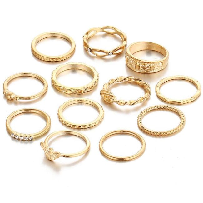 (Clearance) 12 Piece Set Gold Charm Ring Set - Rjcs071