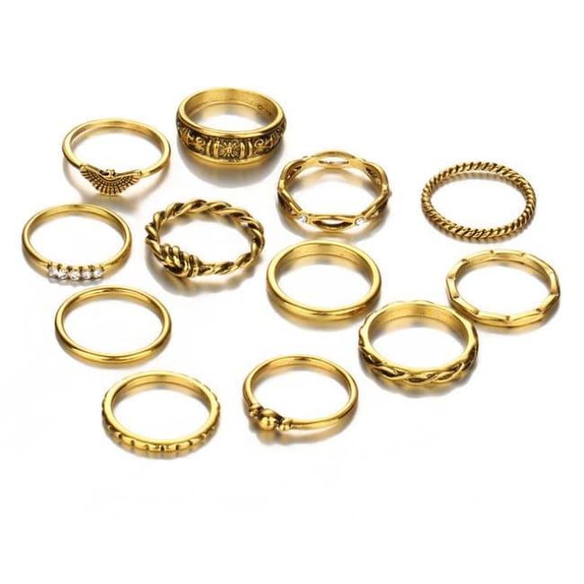 (Clearance) 12 Piece Set Gold Charm Ring Set - Rjcs41655