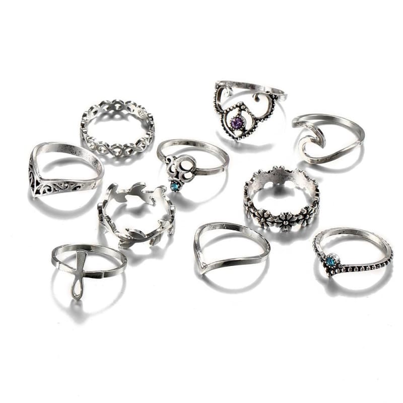 (Clearance) Elephant 10 Piece Set Antique Silver Cross Crown Crystal Rings