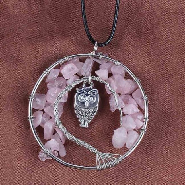 (Clearance) Tree Of Life Gemstone Owl Pendant - Rose Quartz